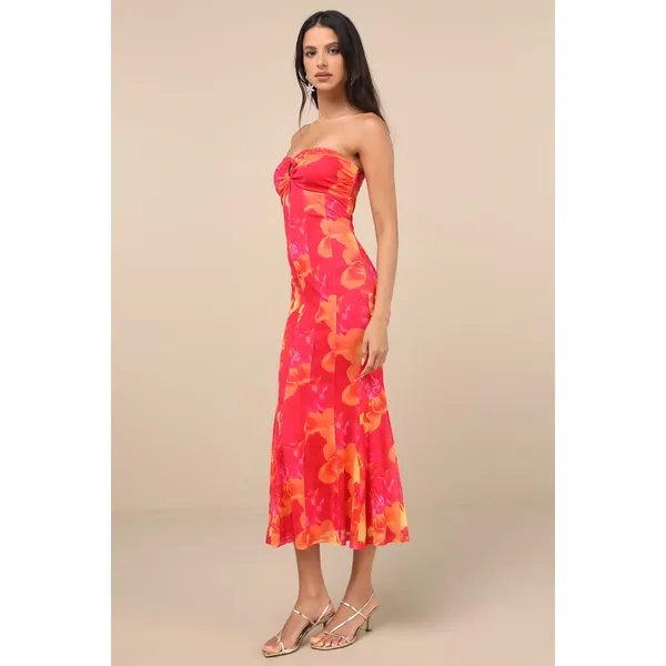 NWT Lulus Islay Hot Pink Floral Abstract Mesh Strapless Midi Dress Cruise Sz XL - Image 8