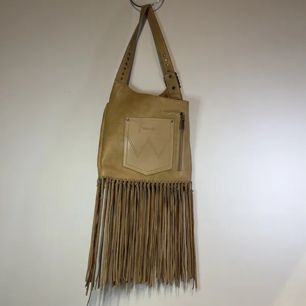 Wrangler Brown Fringe Studded Shoulder Bag Zip Closure Inner Pockets Western - Image 2