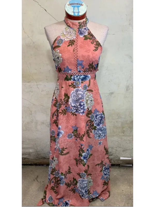 Miami maxi Dress Large Peach with Blue Yellow Floral Halter Crochet Derails - Image 12