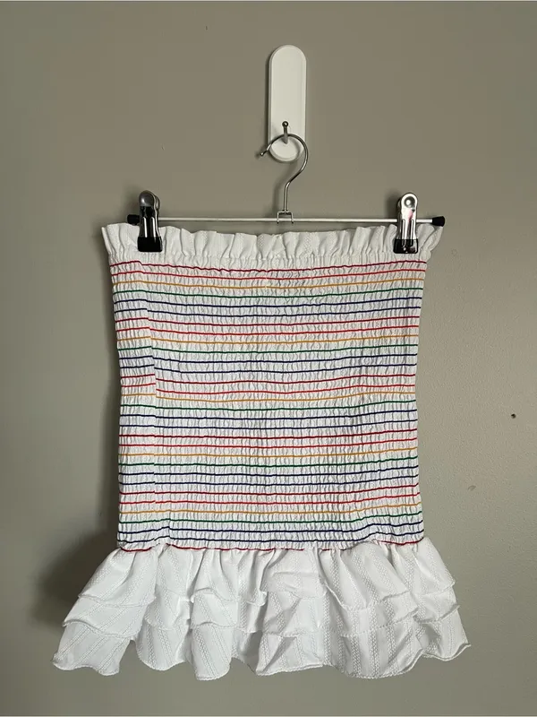 DO+BE White Smocked Mini Skirt with Multicolor Stripe Detail Sz S - Image 4