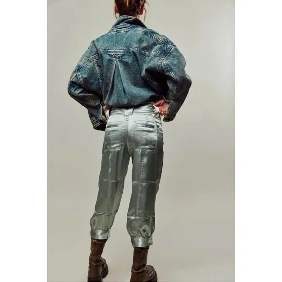 NEW Free People Ryder Pants L Metallic Silver Satin Moto Crop Vegan Shiny Green - Image 6