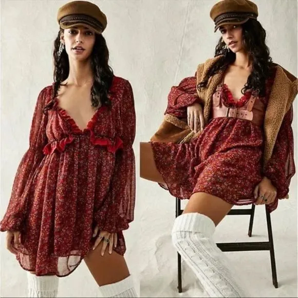 Free People Dress Pennie Babydoll Mini Red Floral Chiffon Boho Open Back… - Image 2
