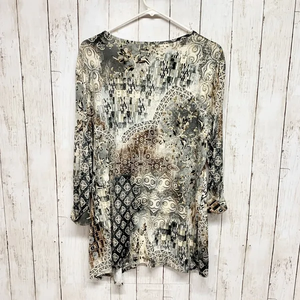 N Touch Patchwork Print Tunic Womens Size L Brown Grey 3/4‎ Sleeve Knit Top - Image 7