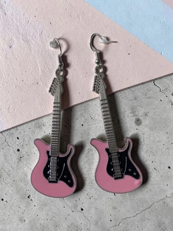 Electric guitar silver plated pink‎ dangle drop earrings faux fashion jewelry - Image 2