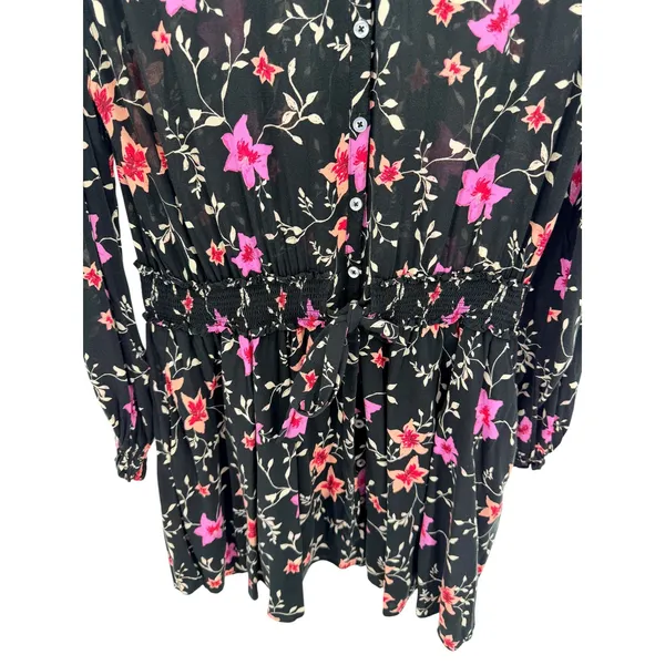 Free‎ People Black Floral Lighten Up Floral Long Sleeve Mini Dress M Smocked - Image 4