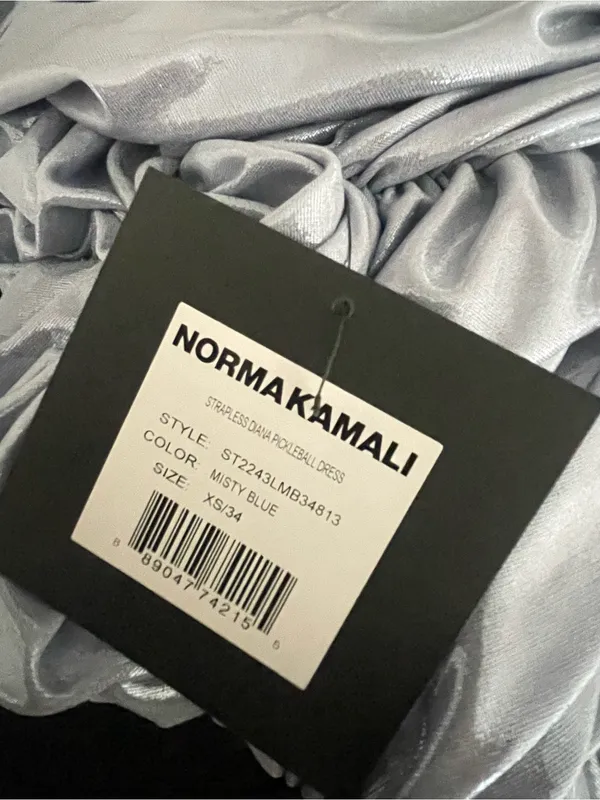 Norma Kamali Strapless Diana Pickleball Dress in Misty Blue Metallic XS New - Image 6