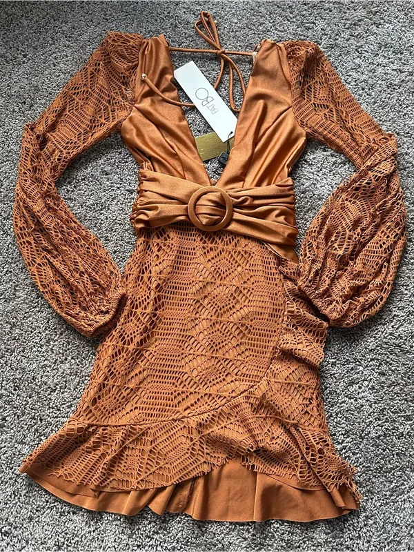 PatBO Rust Crochet Long-Sleeve Mini Dress with Belt - Image 2