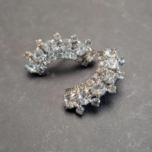 Vintage Clip On Earrings Large Curved Silver Tone & Clear Gems - Statement Glam - Image 6