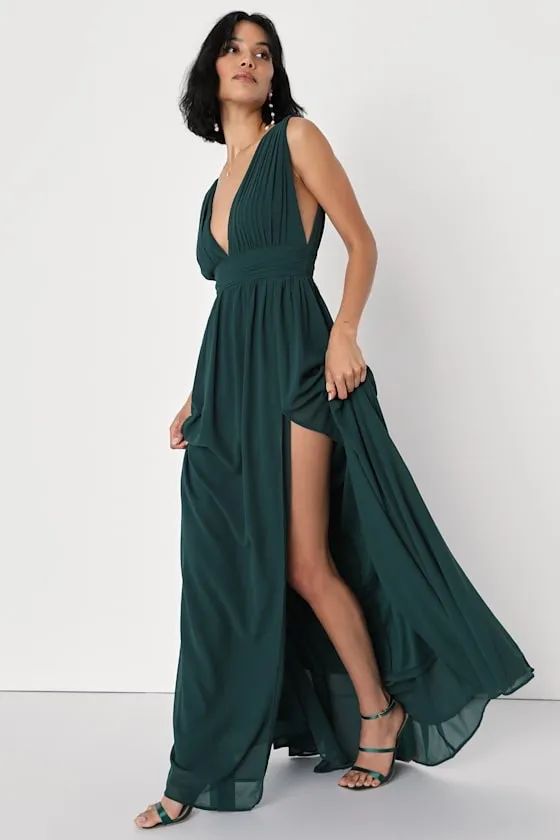 Lulu’s Heavenly Hues Forest Green maxi dress with V-neckline & flowy skirt - Image 3