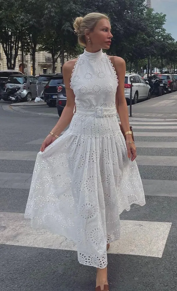 Zara maxi sun dress boho crochet belt lace halter flowy summer vacation - Image 4