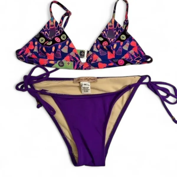 Mara Hoffman Bikini Set Purple Psychedelic Print Triangle Side Tie Medium - Image 2