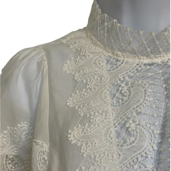 GRACIA Pure‎ White Lace Balloon Sleeve Mock Neck Victorian Blouse Top EUC Size M - Image 3