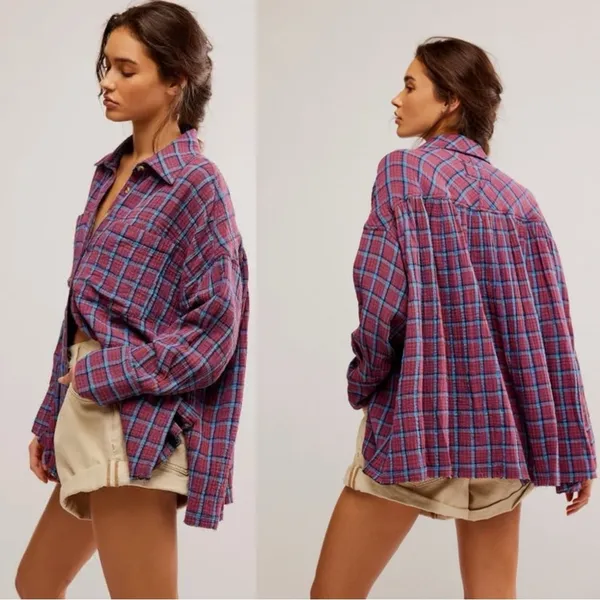 Free People Oversized Bohemian Grunge Fall Cardiff Plaid Swing Top Shirt Medium - Image 8