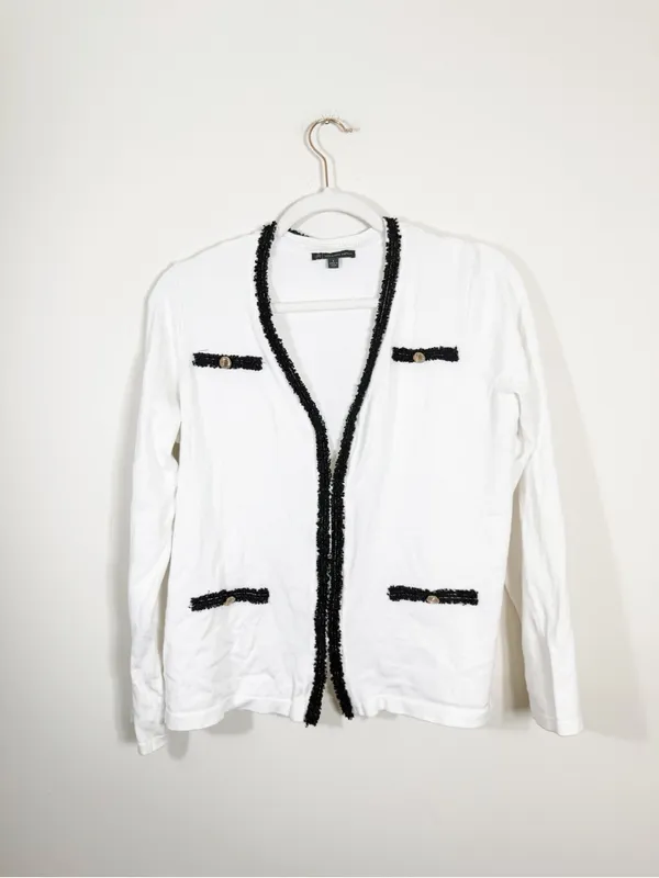 Adrianna Papell White Black Fringe Trim Cardigan Size Small Quiet Luxury - Image 2