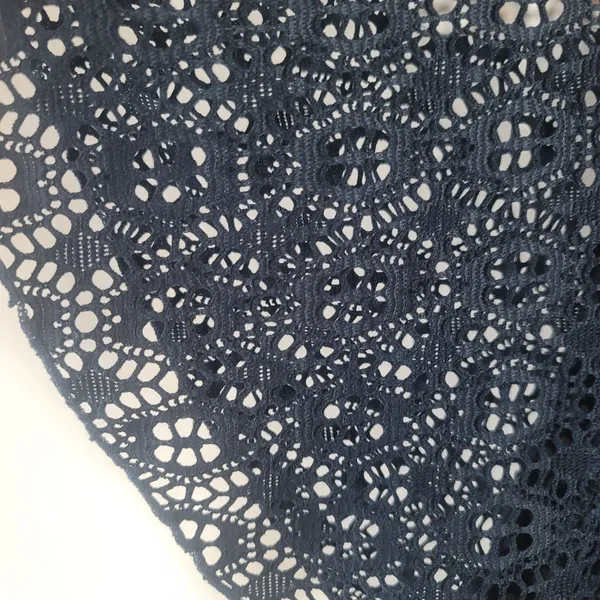 Boho Crochet Lace Open Knit Tunic Top Sz L Navy Blue Sharkbite Hem Cottagecore - Image 8