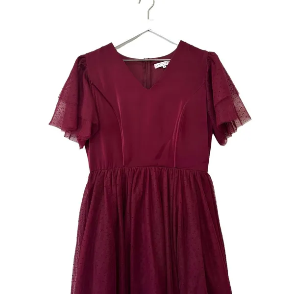 Ivy City Co Maroon Swiss Dot Flutter Sleeve Midi Dress Size Small - Image 6