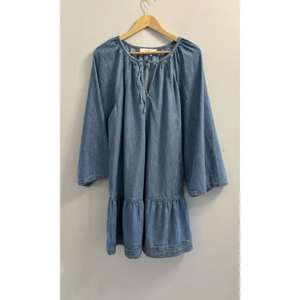 LOFT Women L Denim Chambray Tie Neck Wide Sleeve Tiered Drop Waist Dress Cotton - Image 2