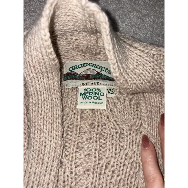 Aran Crafts Ireland Tan Chunky Cable Knit Wool Open Front Cardigan W Pockets‎ Xs - Image 4