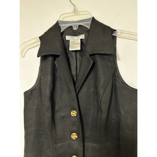 Plaza South Petite Black 100% Linen Sleeveless Button Front Collared Dress 6P - Image 2