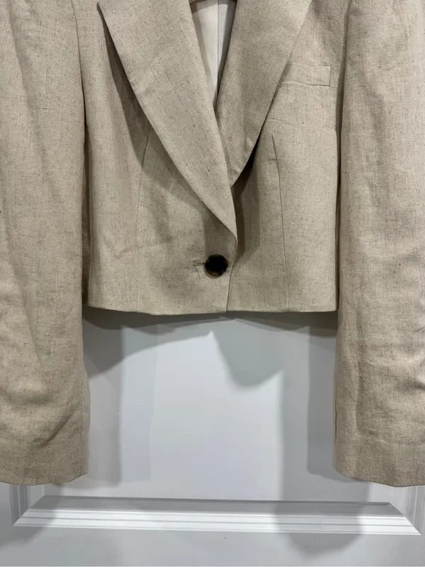 ZARA Beige Linen Blend Cropped Blazer Jacket Single Button Neutral Beige XS - Image 6