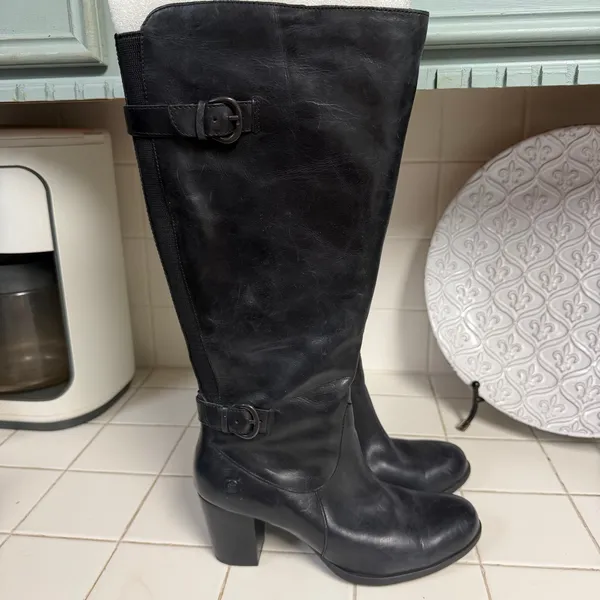 Born Black Tall Leather Riding Boots Size 8.5 Womens Side Zipper - Image 5