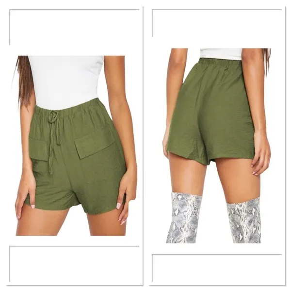 PrettyLittleThing Women Khaki Woven Pocket Front Drawstring‎ Shorts Green 10 - Image 2