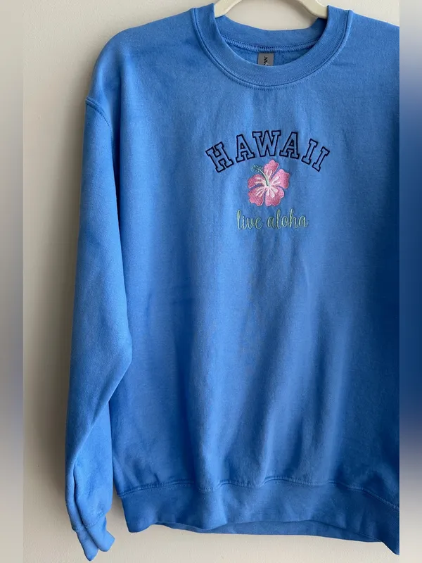 Hawaii Live Aloha Gildan Hibiscus Embroidered Sweatshirt, Blue, Size Medium - Image 2