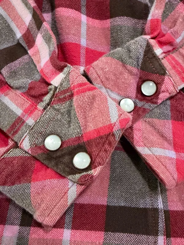Carhartt Pearl Snap Hooded Pink Red Brown Plaid Cotton Flannel Shirt Medium - Image 6