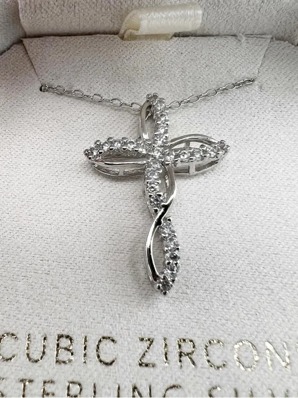 NWT Macy’s CZ & Sapphire Sterling Silver Cross Pendant Necklace Ornament Box - Image 7