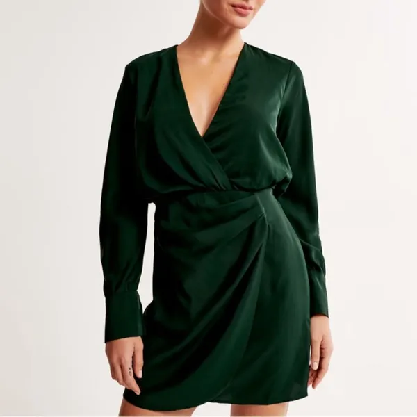 Abercrombie & Fitch Long-Sleeve Draped Mini Dress Dark Green - Image 2