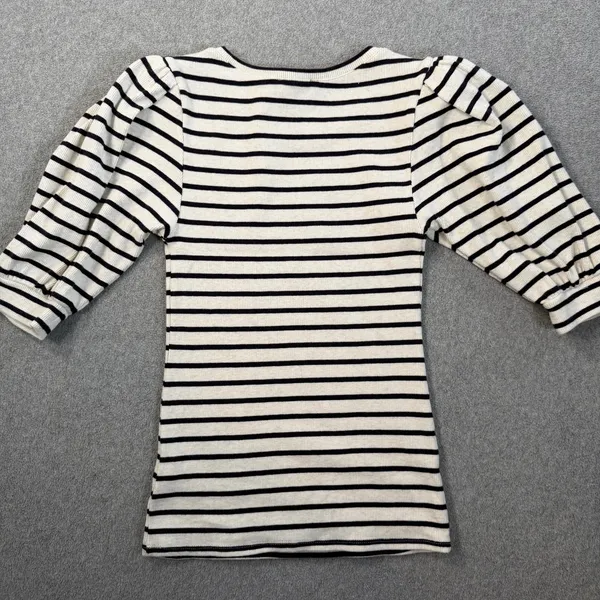 EXPRESS Women's X-Small Striped Ribbed Knit Puff Sleeve Top Cream Black Blouse - Image 10