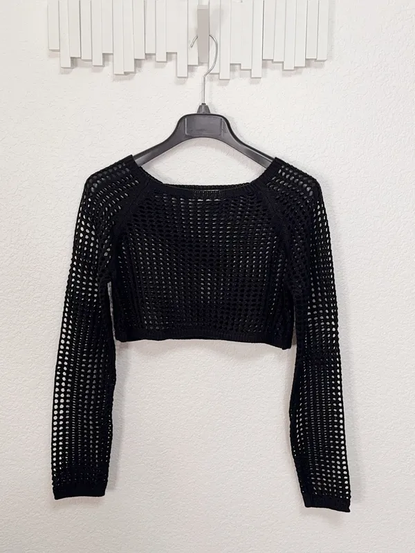 Zenana Black Open Knit Crochet Long Sleeve Cropped Bolero Shrug Top - Image 2