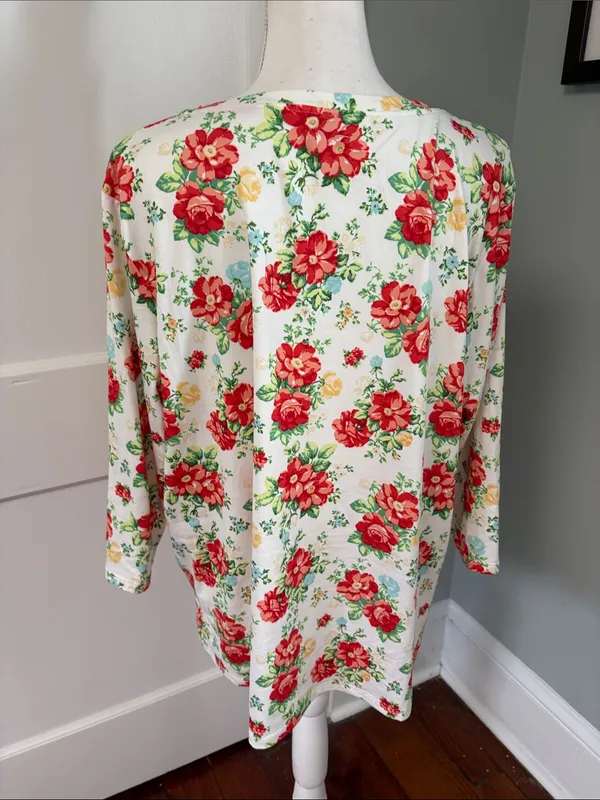 The Pioneer Woman Cream Floral V-Neck Long Sleeve Top Red Blooms Size XL - Image 3