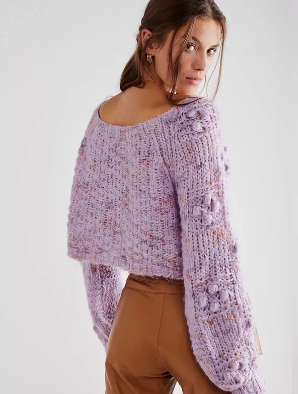 Free People Womens Sunset Cloud Pullover Sweater Purple Chunky Knit Crop Top - Image 5