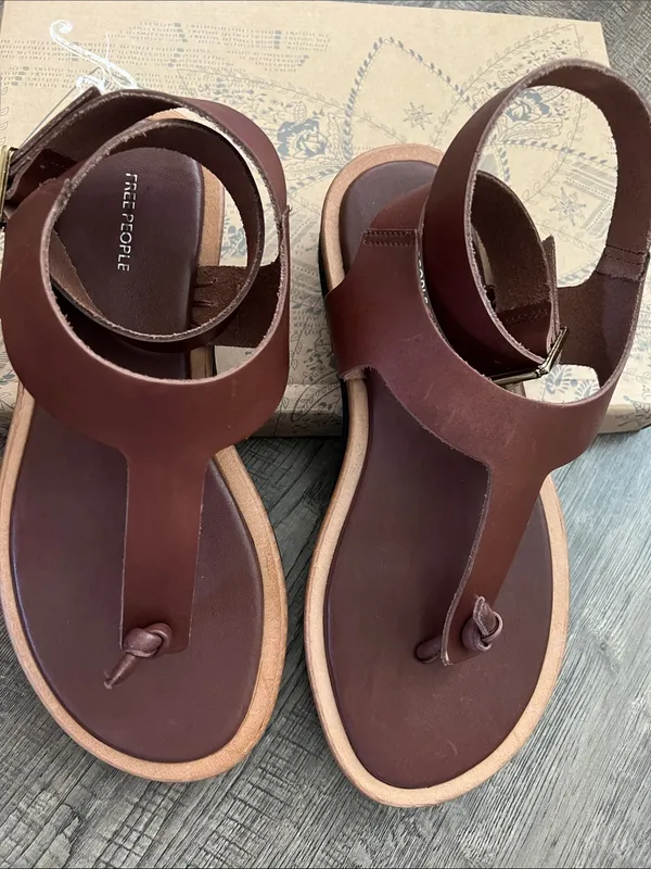 Free People Evie Wrap Coconut Shell Brown Leather T-Strap Sandals - Image 2