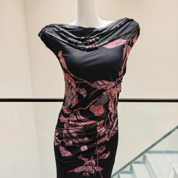 Women Black Floral Print Maxi Dress Off Shoulder Draped Neck Bead Detail Side Ruched Slim Bodycon - Image 2