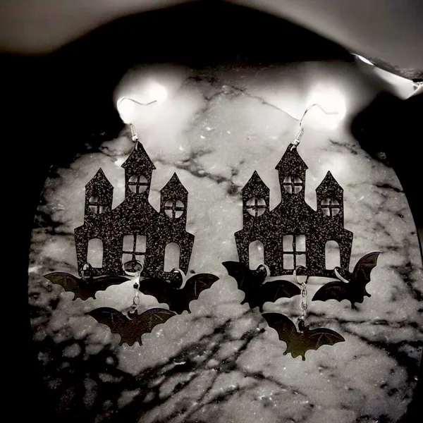 Black Gothic Halloween Theme Acrylic Drop &‎ Dangle Earrings Bat Haunted Castle - Image 4