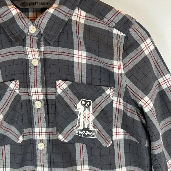 Harley-Davidson Womens Plaid Roll-Tab Button‎ Down Shirt Grey Small NEW - Image 11