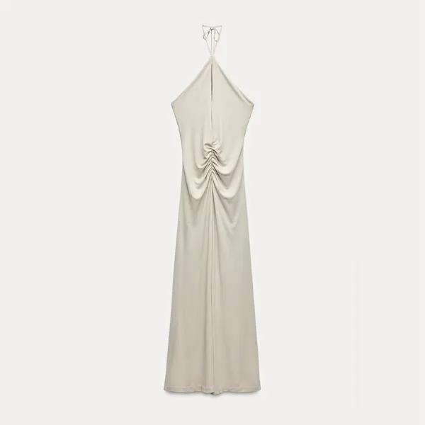 NEW Zara LONG Ruched Keyhole DRAPED HALTER Maxi DRESS Gown Size XS - Image 8