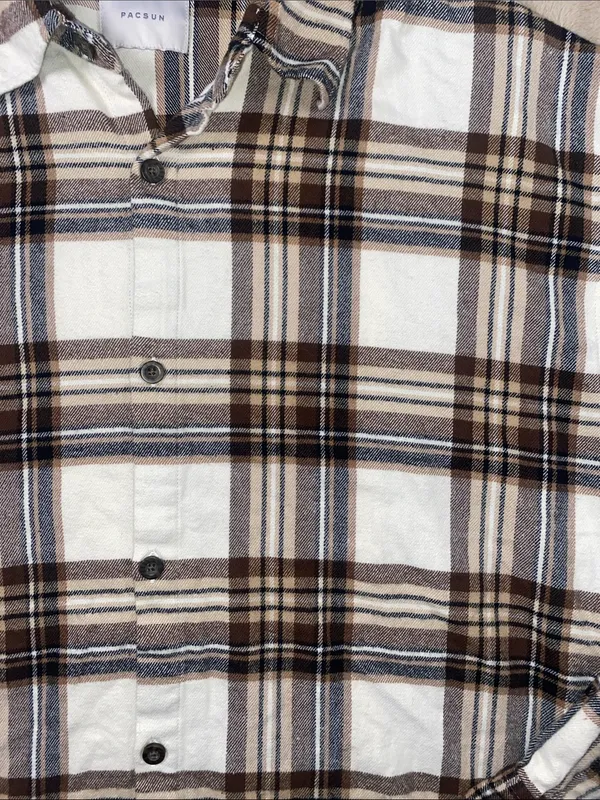 PacSun Fall White, Brown & Tan Flannel Plaid Button-Down Shirt - Image 3