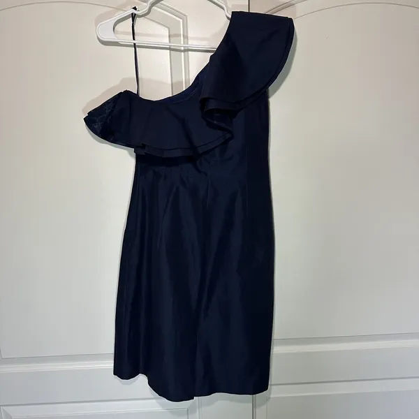 J. Crew Womens Woven Cotton Silk One Shoulder‎ Ruffle Navy Blue Dress 6T Tall - Image 3