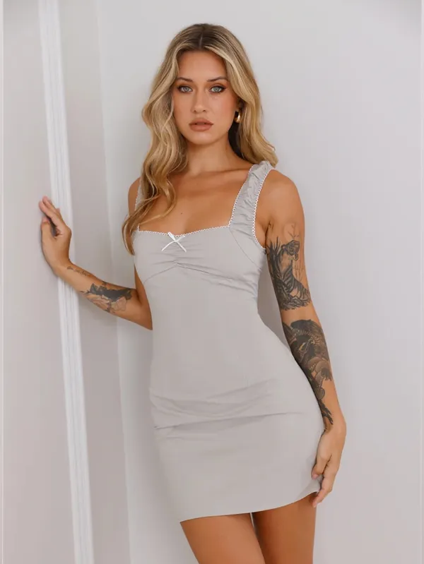 Lioness Fortune Mini Dress Cloud Cotton Square Neck Bow Detail Womens Large New - Image 2