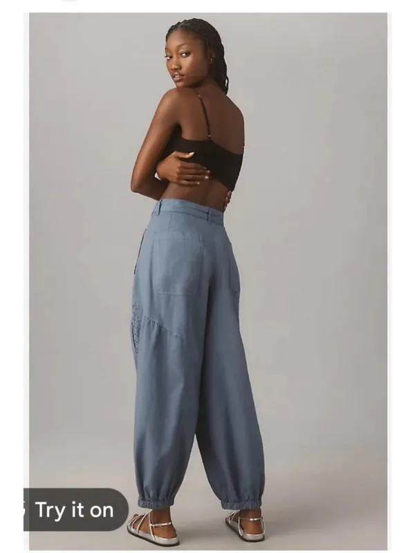 NWT Anthropologie L Washed Linen Blend Jogger Pants Eyelet Blue Drawstring - Image 4