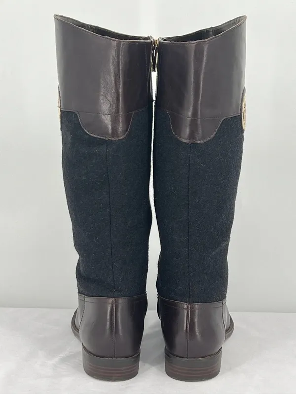 Tommy Hilfiger Madelen 2 Brown Leather Charcoal Wool Gold Logo Riding Boots 9.5 - Image 8