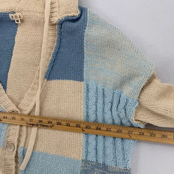 POL Blue Beige Patchwork Knit Hooded Button Cardigan Sweater Cozy Boho Size M - Image 8