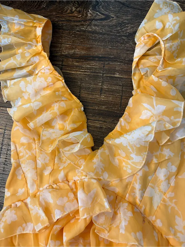 Abercrombie & Fitch Maxi Dress Womens MP Yellow Excellent Floral Ruffle Cutout - Image 5