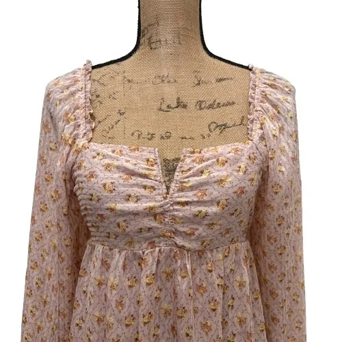 Storia Mini Dress Floral Long Sleeve Square Neck‎ Open Back Tie Pink Size Small - Image 2