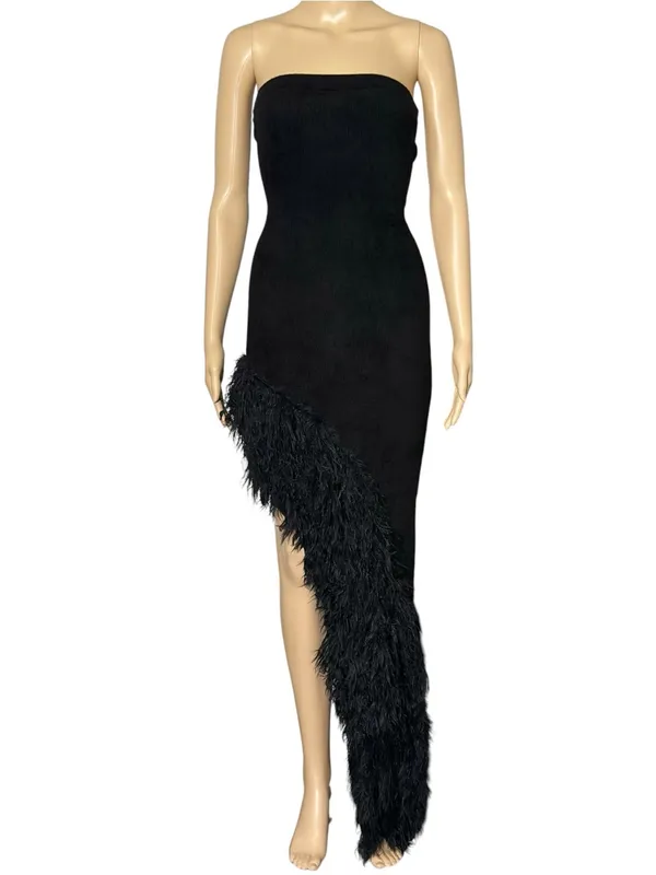 NBD Aubrey Asymmetrical Faux Fur Trim Strapless Dress, Black, XS - Image 3