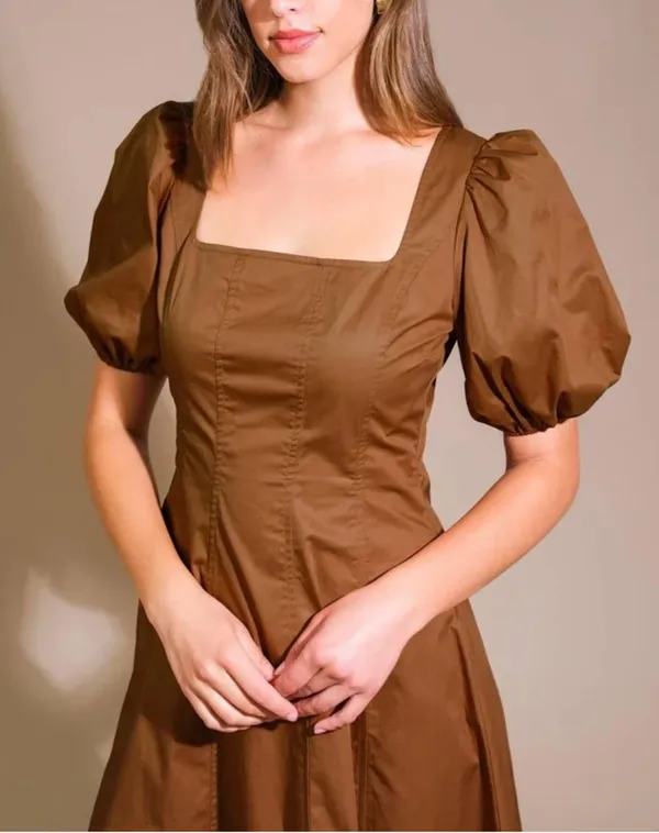Flying Tomato Brown Square-Neck Midi Dress with Puff Sleeves size M - Image 3