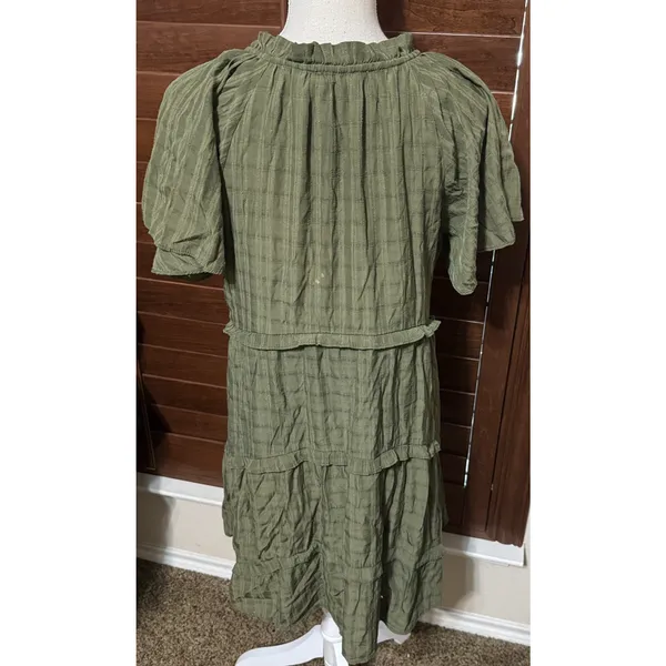 Entro Ruffle‎ Tiered Dress Sz M Cottagecore olive green gauzy FLAW - Image 4